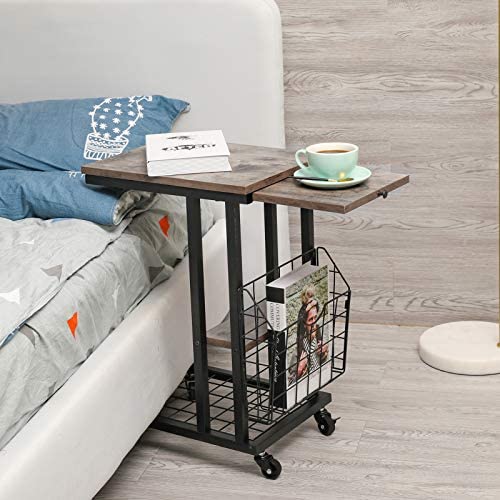 51SQqIgdioL. AC  - C End Table with Wheels C Shaped Side Table with Side Pocket Industrial Wood Sofa Side End Tables Rolling Casters for Coffee Laptop Snack Sofa Couch Bed Living Room
