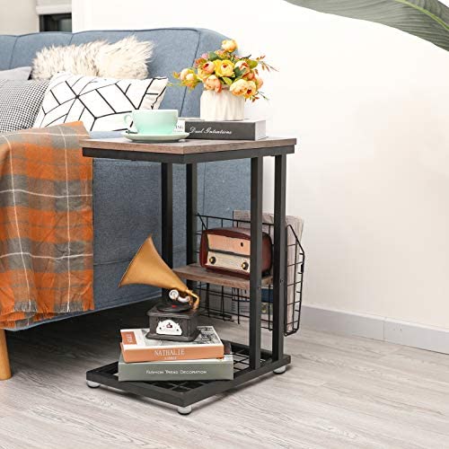 51aOI9CmXeL. AC  - C End Table with Wheels C Shaped Side Table with Side Pocket Industrial Wood Sofa Side End Tables Rolling Casters for Coffee Laptop Snack Sofa Couch Bed Living Room