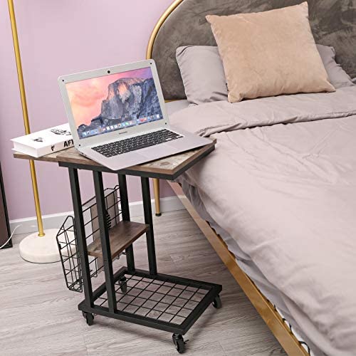 51sFDaPKQjL. AC  - C End Table with Wheels C Shaped Side Table with Side Pocket Industrial Wood Sofa Side End Tables Rolling Casters for Coffee Laptop Snack Sofa Couch Bed Living Room