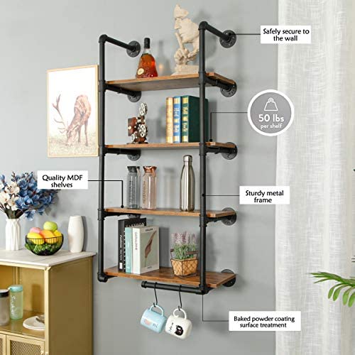 51voJJ+FGjL. AC  - HEONITURE Industrial Shelves, Industrial Pipe Shelving, Rustic Shelves, Pipe Shelves, Book Shelves for Wall Hanging, Farmhouse Kitchen with S Hooks (24inch, 4-Layer)