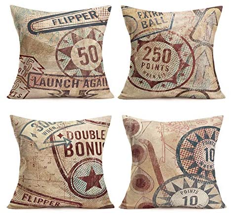 1643739277 514tNxIlUxL. AC  - Smilyard Throw Pillow Covers Vintage Pinball Game Pattern Pillows Decorative Pillow Cover Cotton Linen Word Pillow Case Rustic Cushion Cover for Sofa 18x18 Inch Set of 4 (Pinball Game Set)
