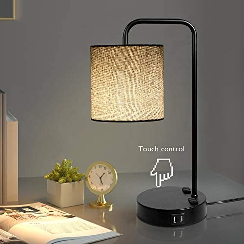 Industrial Touch Control Table Lamp with Shade, 2 USB Charging Ports and 2 Power Outlets, 3 Way Dimmable Vintage Nightstand Lamp for Living Room, Bedroom, Office, 6W LED Bulb Included