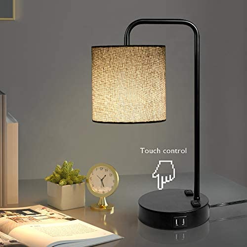 41WkimydBiL. AC  - Industrial Touch Control Table Lamp with Shade, 2 USB Charging Ports and 2 Power Outlets, 3 Way Dimmable Vintage Nightstand Lamp for Living Room, Bedroom, Office, 6W LED Bulb Included