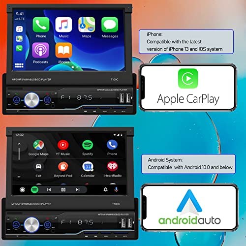 51BVZlF9kdL. AC  - Single Din Car Stereo with Apple Car Play and Android Auto, 7 Inch Flip Out Touchscreen, Bluetooth Car Radio with Backup Camera,Mirror Link,FM/AM USB/TF/AUX Port/Hands-Free Calling,Car Play Radio
