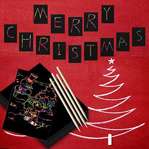 51NVNb8C+rL. AC  - SKYFIELD Scratch Paper Art Set, 100 Sheets Rainbow Card Scratch Art, Black Scratch it Off Paper Crafts Notes with 10 Wooden Stylus and 4 Stencils for Kids DIY Christmas Birthday Gift Card