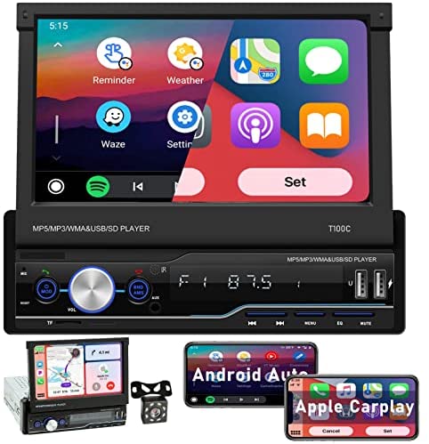 51POurkRrcL. AC  - Single Din Car Stereo with Apple Car Play and Android Auto, 7 Inch Flip Out Touchscreen, Bluetooth Car Radio with Backup Camera,Mirror Link,FM/AM USB/TF/AUX Port/Hands-Free Calling,Car Play Radio