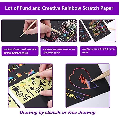 51SRMEzmz1L. AC  - SKYFIELD Scratch Paper Art Set, 100 Sheets Rainbow Card Scratch Art, Black Scratch it Off Paper Crafts Notes with 10 Wooden Stylus and 4 Stencils for Kids DIY Christmas Birthday Gift Card