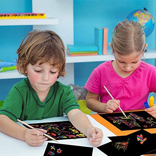 51SxPQuw2uL. AC  - SKYFIELD Scratch Paper Art Set, 100 Sheets Rainbow Card Scratch Art, Black Scratch it Off Paper Crafts Notes with 10 Wooden Stylus and 4 Stencils for Kids DIY Christmas Birthday Gift Card