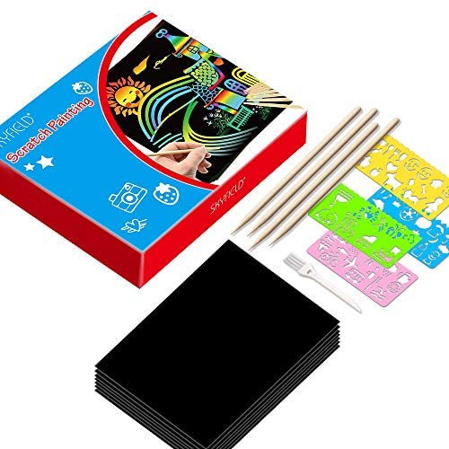 51j2ePWF5rL. AC  - SKYFIELD Scratch Paper Art Set, 100 Sheets Rainbow Card Scratch Art, Black Scratch it Off Paper Crafts Notes with 10 Wooden Stylus and 4 Stencils for Kids DIY Christmas Birthday Gift Card