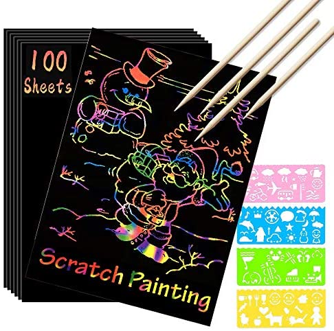 51lXrr+zgjL. AC  - SKYFIELD Scratch Paper Art Set, 100 Sheets Rainbow Card Scratch Art, Black Scratch it Off Paper Crafts Notes with 10 Wooden Stylus and 4 Stencils for Kids DIY Christmas Birthday Gift Card