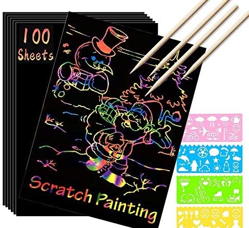 51lXrrzgjL. AC  486x445 - SKYFIELD Scratch Paper Art Set, 100 Sheets Rainbow Card Scratch Art, Black Scratch it Off Paper Crafts Notes with 10 Wooden Stylus and 4 Stencils for Kids DIY Christmas Birthday Gift Card