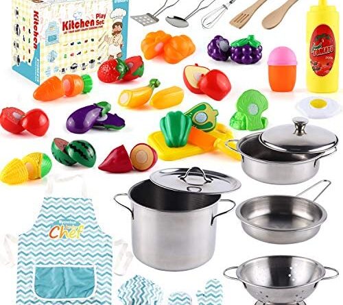 1646647081 51e578YhWqL. AC  500x445 - 35 Pcs Kitchen Pretend Play Accessories Toys,Cooking Set with Stainless Steel Cookware Pots and Pans Set,Cooking Utensils,Apron,Chef Hat,and Cutting Play Food for Kids,Educational Learning Tool