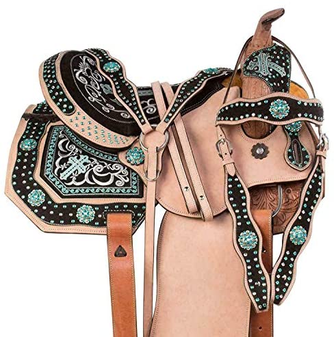 Blue Lake Premium Leather Barrel Racing Pleasure Trail Leather Western Horse Saddle Equestrian with Free Tack Set Size 14” to 18”