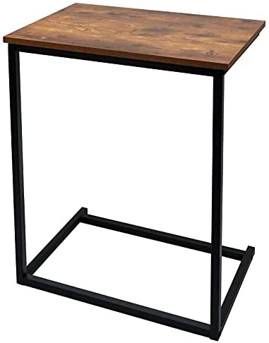 CRDOKA Snack Side Table, Rustic C Shaped End Table with Metal Frame, Sturdy Couch Table for Laptop Sofa Living Room Bedroom（Dark Walnut）