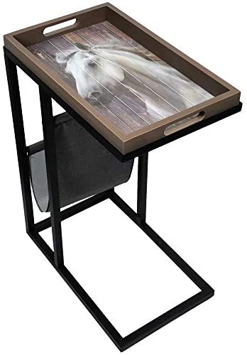 QINGSHAN C Shape Tray Table, Sofa Side Table with Removable Decorative Tray top, end Couch Table with Storage Pocket Living Room, TV Snack Table for Small Space,Black (Horse)