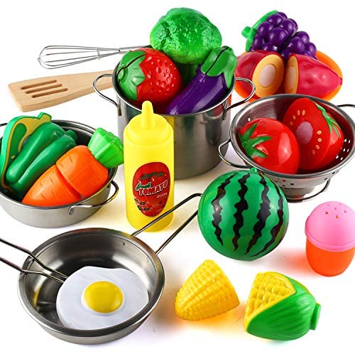 51RqKnLAKhL. AC  - 35 Pcs Kitchen Pretend Play Accessories Toys,Cooking Set with Stainless Steel Cookware Pots and Pans Set,Cooking Utensils,Apron,Chef Hat,and Cutting Play Food for Kids,Educational Learning Tool
