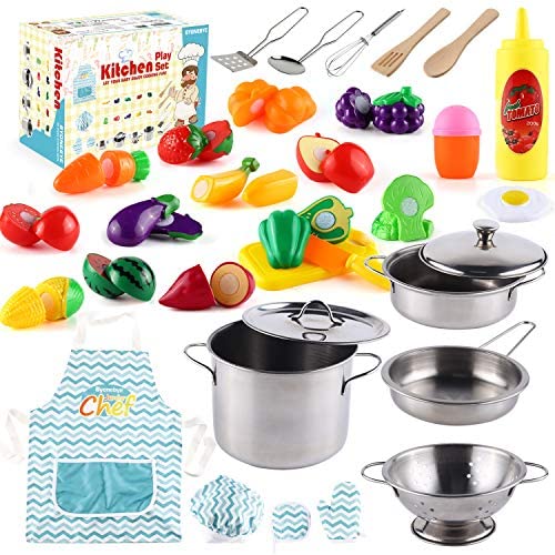 51e578YhWqL. AC  - 35 Pcs Kitchen Pretend Play Accessories Toys,Cooking Set with Stainless Steel Cookware Pots and Pans Set,Cooking Utensils,Apron,Chef Hat,and Cutting Play Food for Kids,Educational Learning Tool