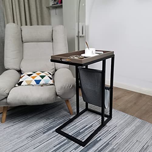 51fJulJYDAS. AC  - QINGSHAN C Shape Tray Table, Sofa Side Table with Removable Decorative Tray top, end Couch Table with Storage Pocket Living Room, TV Snack Table for Small Space,Black (Horse)