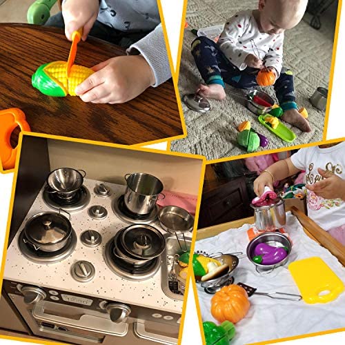 615rP1aERZL. AC  - 35 Pcs Kitchen Pretend Play Accessories Toys,Cooking Set with Stainless Steel Cookware Pots and Pans Set,Cooking Utensils,Apron,Chef Hat,and Cutting Play Food for Kids,Educational Learning Tool