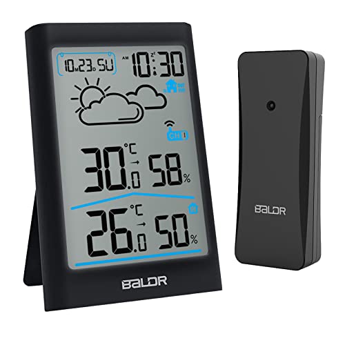 BALDR Wireless Indoor Outdoor Thermometer Digital Hygrometer with Weather Forecast and Large LCD (Black)