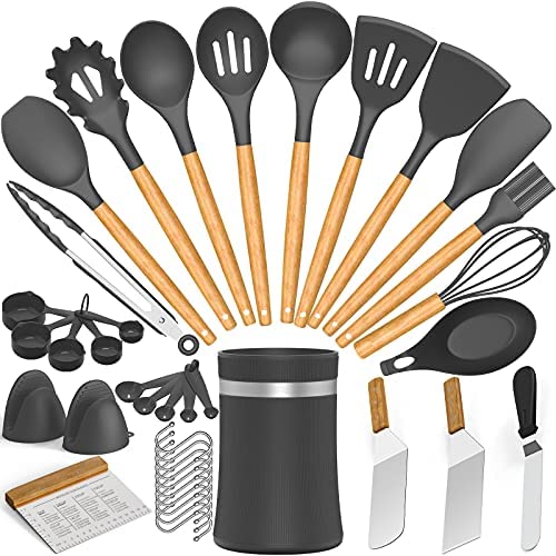 39pcs Silicone Cooking Utensils Kitchen Utensil, AIKKIL Non-stick Kitchen Cooking Utensil Spatula Set with Holder, Heat Resistant Wooden Handle Kitchen Gadgets Tool Set for Nonstick Cookware(Grey)