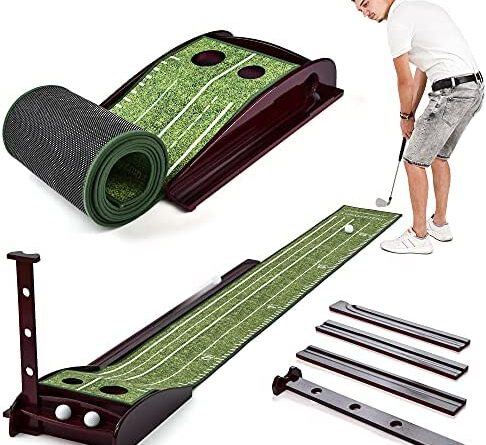 1651023743 51uSM5dtgzL. AC  486x445 - Golf Putting Green Mat for Indoor & Outdoor Practice Use – Mini Golf Course with Auto Ball Return and Included Baffle – Velvet Crystal Mat with Durable Solid Wood Base – for Golf Lovers & Enthusiasts
