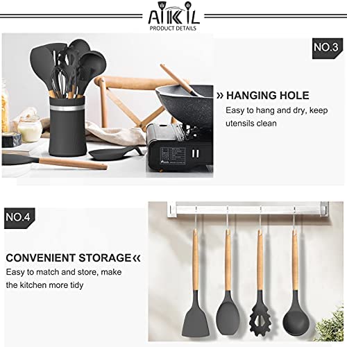 41kK KuYRwS. AC  - 39pcs Silicone Cooking Utensils Kitchen Utensil, AIKKIL Non-stick Kitchen Cooking Utensil Spatula Set with Holder, Heat Resistant Wooden Handle Kitchen Gadgets Tool Set for Nonstick Cookware(Grey)