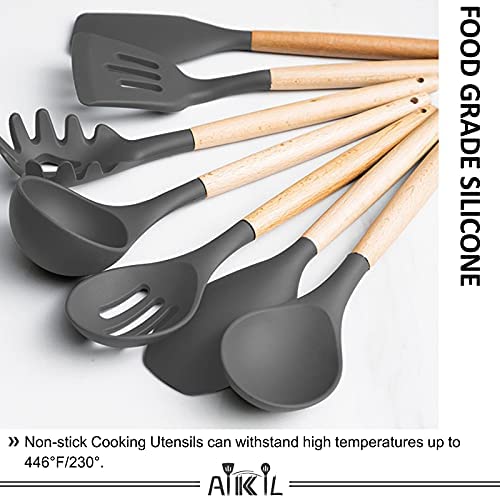41o21ab02tS. AC  - 39pcs Silicone Cooking Utensils Kitchen Utensil, AIKKIL Non-stick Kitchen Cooking Utensil Spatula Set with Holder, Heat Resistant Wooden Handle Kitchen Gadgets Tool Set for Nonstick Cookware(Grey)