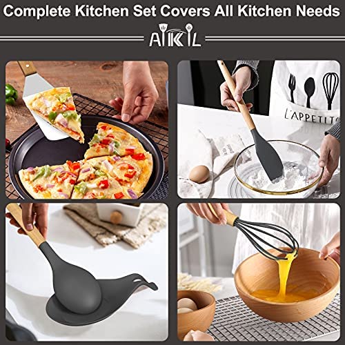 511h7w1hIsS. AC  - 39pcs Silicone Cooking Utensils Kitchen Utensil, AIKKIL Non-stick Kitchen Cooking Utensil Spatula Set with Holder, Heat Resistant Wooden Handle Kitchen Gadgets Tool Set for Nonstick Cookware(Grey)