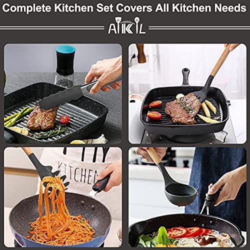 516T8KFN6eS. AC  - 39pcs Silicone Cooking Utensils Kitchen Utensil, AIKKIL Non-stick Kitchen Cooking Utensil Spatula Set with Holder, Heat Resistant Wooden Handle Kitchen Gadgets Tool Set for Nonstick Cookware(Grey)