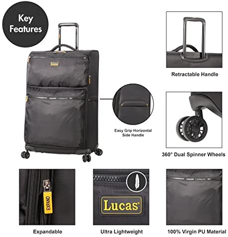 51Qbrp8SbfL. AC  - Lucas Designer Luggage Collection - 3 Piece Softside Expandable Ultra Lightweight Spinner Suitcase Set - Travel Set includes 20 Inch Carry On, 24 Inch & 28 Inch Checked Suitcases (Black)