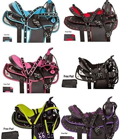 1651369900 51K22PGkCaL. AC  384x445 - HORSE SADDLERY IMPEX - Youth Child Synthetic Western Pony Miniature Horse Saddle Tack Get Matching Headstall, Breast Collar & Saddle Pad Size 10" to 12" inches Seat Available (10, Pink)
