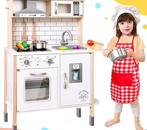 1652927316 51IuCnt49OL. AC  500x445 - Play-Kitchen-for-Kids with 18 Pcs Toy Food & Cookware Accessories Playset Wooden Chef Pretend Play Set for Toddlers with Real Lights & Sounds