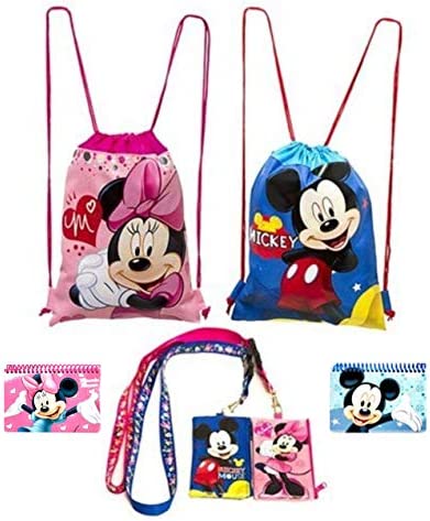 Disney Mickey and Minnie Mouse Drawstring Backpacks Plus Lanyards with Detachable Coin Purse and Autograph Books (Set of 6) (Pink Blue)