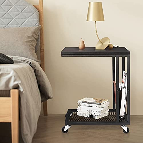 410qkXKtJZL. AC  - AITTA Side Table with Storage Industrial C Shaped Sofa Couch End Table with Side Bag & Rolling Wheels for Living Room, Bedroom Small Spaces, Black
