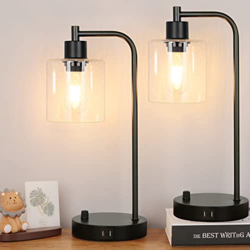 41CKzzrtbqL. AC  - Set of 2 Industrial Table Lamps with 2 USB Port, Fully Stepless Dimmable Lamps for bedrooms, Bedside Nightstand Desk Lamps with Seeded Glass Shade for Reading Living Room Office 2 LED Bulb Included