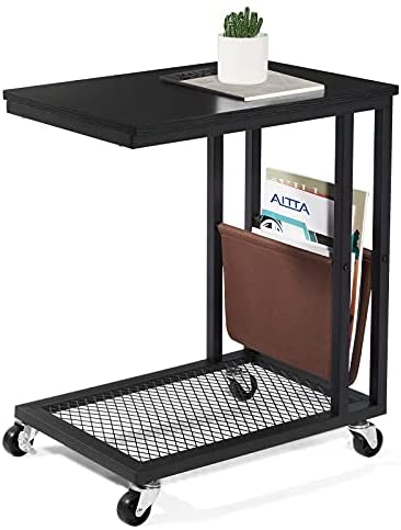 41IdautEA5L. AC  - AITTA Side Table with Storage Industrial C Shaped Sofa Couch End Table with Side Bag & Rolling Wheels for Living Room, Bedroom Small Spaces, Black