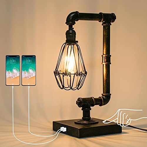 41R5R0lsahL. AC  - Ganiude Steampunk Lamp, 3-Way Dimmable Touch Control, Industrial Desk Lamp with USB Ports, Vintage Edison Bulb Lamp, Iron Retro Water Pipe Table Lamp for Dining Room, Bar, 100W Max(Bulb Included)