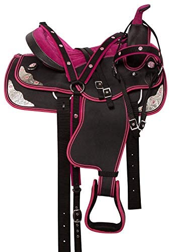 41tfQD85GvL. AC  - HORSE SADDLERY IMPEX - Youth Child Synthetic Western Pony Miniature Horse Saddle Tack Get Matching Headstall, Breast Collar & Saddle Pad Size 10" to 12" inches Seat Available (10, Pink)