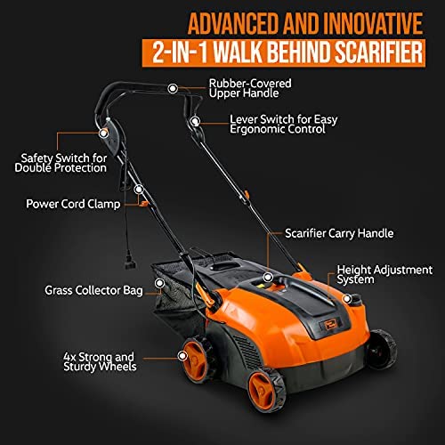 51 F9+BM6iL. AC  - SuperHandy 2 in 1 Walk Behind Scarifier, Lawn Dethatcher Raker Corded Electric 120V 12-Amp 15-Inch Rake Path with Collection Bag for Yard, Lawn, Garden Care, Landscaping