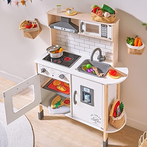 51AsUHcTatL. AC  - Play-Kitchen-for-Kids with 18 Pcs Toy Food & Cookware Accessories Playset Wooden Chef Pretend Play Set for Toddlers with Real Lights & Sounds