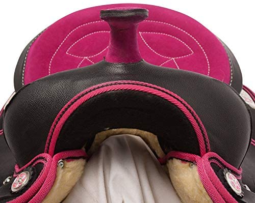 51CQDl w0BL. AC  - HORSE SADDLERY IMPEX - Youth Child Synthetic Western Pony Miniature Horse Saddle Tack Get Matching Headstall, Breast Collar & Saddle Pad Size 10" to 12" inches Seat Available (10, Pink)