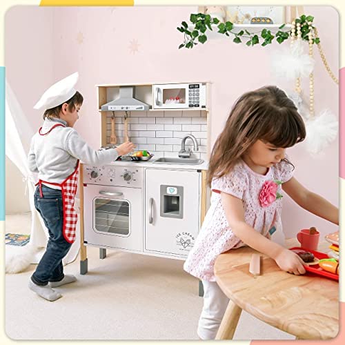 51GEC4nFJsL. AC  - Play-Kitchen-for-Kids with 18 Pcs Toy Food & Cookware Accessories Playset Wooden Chef Pretend Play Set for Toddlers with Real Lights & Sounds