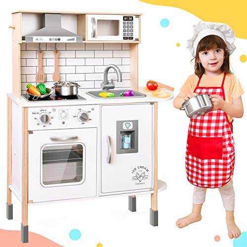 51IuCnt49OL. AC  - Play-Kitchen-for-Kids with 18 Pcs Toy Food & Cookware Accessories Playset Wooden Chef Pretend Play Set for Toddlers with Real Lights & Sounds