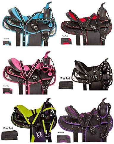 51K22PGkCaL. AC  - HORSE SADDLERY IMPEX - Youth Child Synthetic Western Pony Miniature Horse Saddle Tack Get Matching Headstall, Breast Collar & Saddle Pad Size 10" to 12" inches Seat Available (10, Pink)