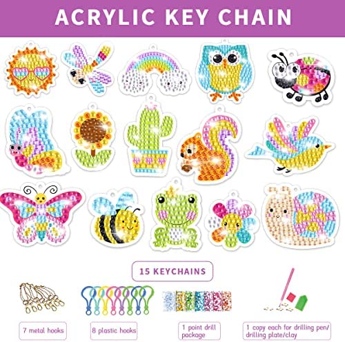 51ODWKmN5PL. AC  - 15 Pcs Diamond Kit Arts and Crafts for Kids Ages 8-12 Girls, DIY Gem 5D Painting Stickers Chainkeys Pendant,Numbers Art Kits(SK8014)