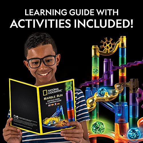 51UuK2ndkaL. AC  - NATIONAL GEOGRAPHIC Glowing Marble Run – 80 Piece Construction Set with 15 Glow in the Dark Glass Marbles & Mesh Storage Bag, Educational STEM Toy, an AMAZON EXCLUSIVE Science Kit