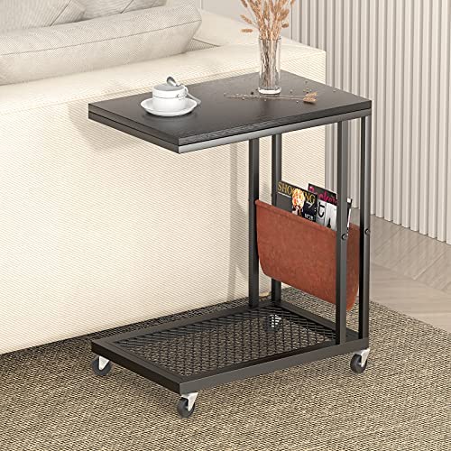 51ZQX0izXOL. AC  - AITTA Side Table with Storage Industrial C Shaped Sofa Couch End Table with Side Bag & Rolling Wheels for Living Room, Bedroom Small Spaces, Black