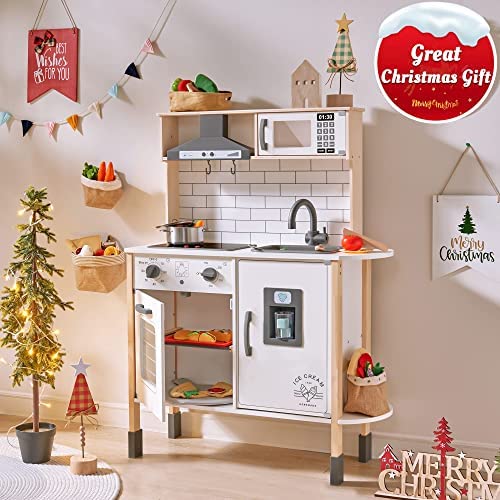 51f8RLDXw6L. AC  - Play-Kitchen-for-Kids with 18 Pcs Toy Food & Cookware Accessories Playset Wooden Chef Pretend Play Set for Toddlers with Real Lights & Sounds