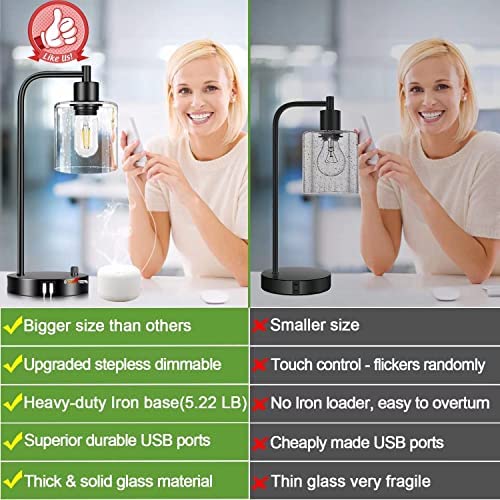 51p41zx+IhL. AC  - Set of 2 Industrial Table Lamps with 2 USB Port, Fully Stepless Dimmable Lamps for bedrooms, Bedside Nightstand Desk Lamps with Seeded Glass Shade for Reading Living Room Office 2 LED Bulb Included